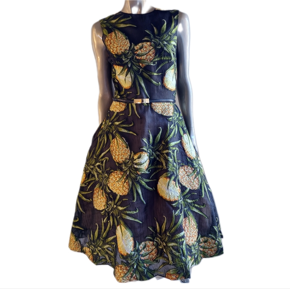 $5,991 NEW OSCAR DE LA RENTA PINEAPPLE BLACK MULTI MIDI DRESS 10 L